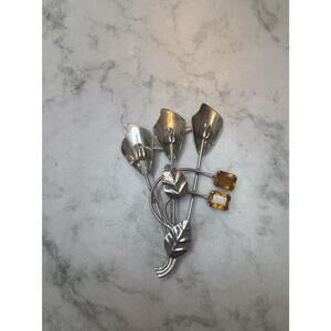 Sterling Silver Orange Stone Floral Leaf Bouquet Pin 15.04g Jewelry Brooch Charm